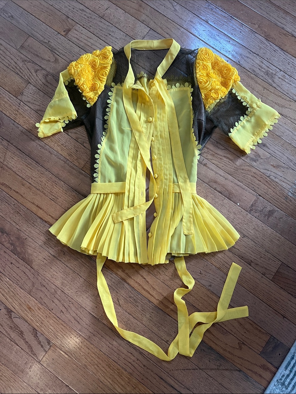 Yellow Brown Sheer Mesh Rosette Pleated Blouse Top XS Boho Romantic